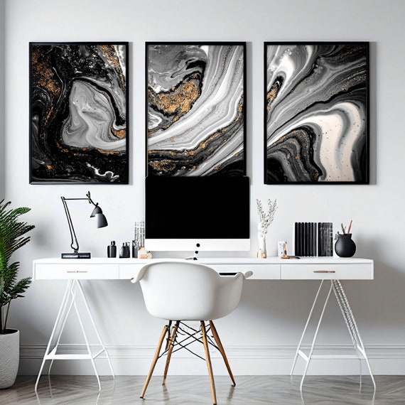 Black and Gold Masculine Office Desk Decor for Men Set X 3 Framed