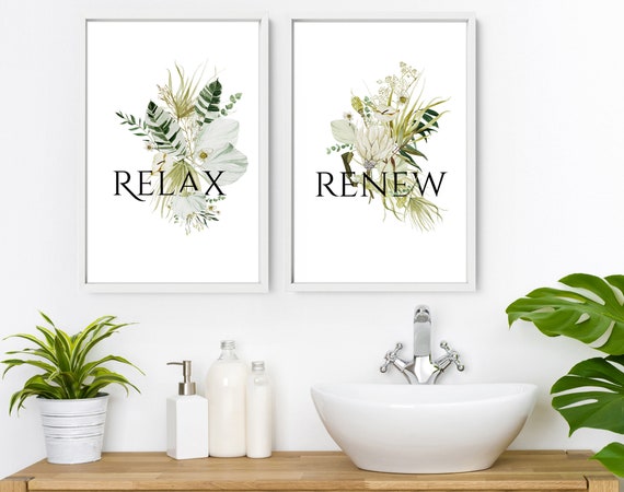 Spa Botanical Bathroom set of 2 framed wall art prints for a Bohemian Decor, Relaxation Bathroom Wall Decor gift for New Home owner