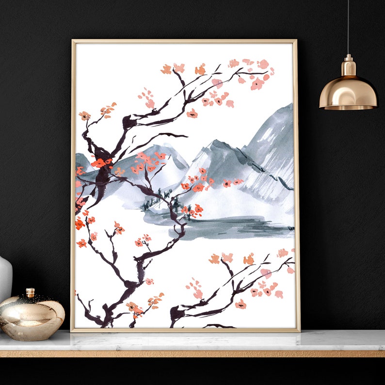 Japanese wall art decor, Japandi Cherry blossom framed 3 piece wall art prints for living room, zen wall hanging home decor set of 3 posters