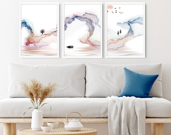 Sunrise trendy watercolour art print, Colourful home decor prints, boho decor bedroom wall art prints set x 3, calming poster, relaxing gift