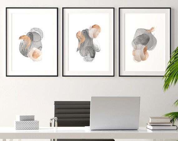 Contemporary extra large abstract set of 3 framed wall art prints for a Minimal office desk Decor, Earth tone Trendy gallery wall art set