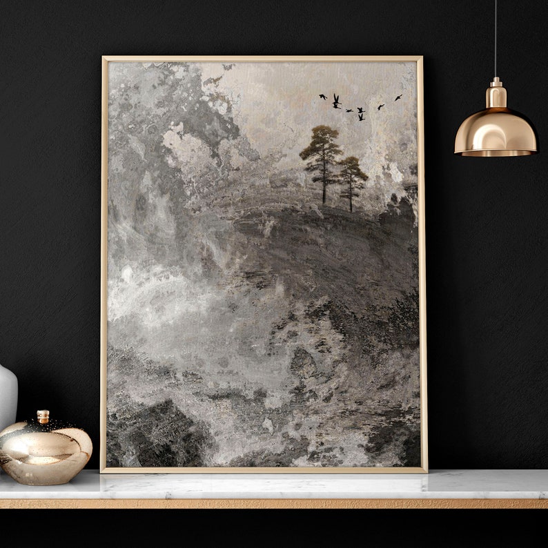 Zen wall art framed 3 piece set, Abstract Japanese Landscape mural calming wall decor living room, Extra large Triptych Japandi Mens art