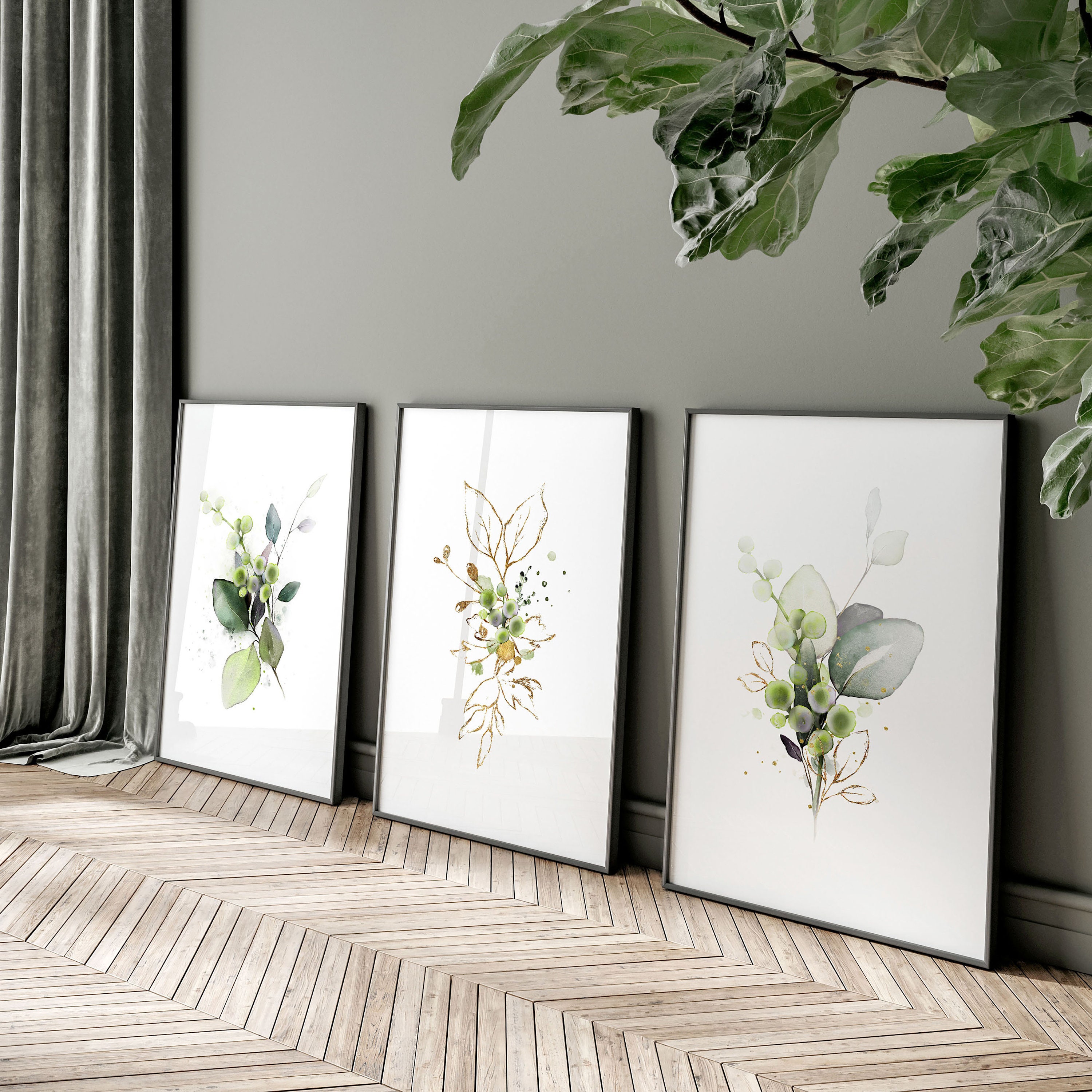 Watercolour Greenery Wall Art Set X 3 Botanical Art Prints, Wall Decor