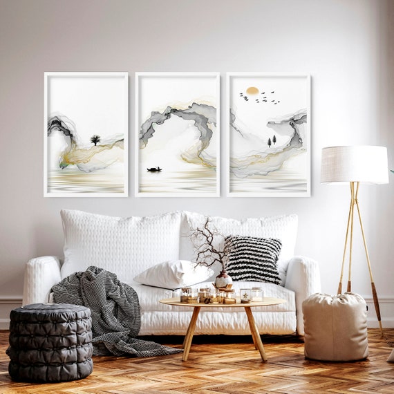 Trendy Zen Japanese Set of 3 Framed Panel Wall Art Prints for