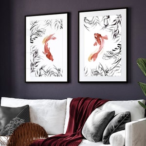 Trendy Japandi set of 2 framed wall art prints for living room decor, Koi Fish extra large Designer gallery wall art hanging print set