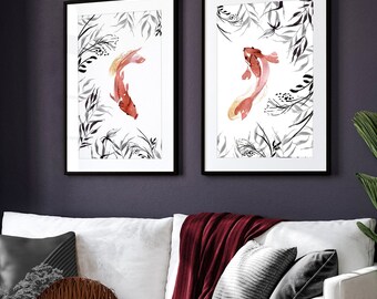 Trendy Japandi set of 2 framed wall art prints for living room decor, Koi Fish extra large Designer gallery wall art hanging print set