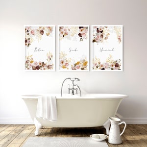 Botanical Shabby Chic 3 piece set bathroom decor wall art prints with frames