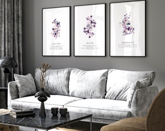 Modern Christian Bible Verse wall art Prints, Set of 3 Bible Sketches Framed art prints, Purple Botanical Christianity wall art decor