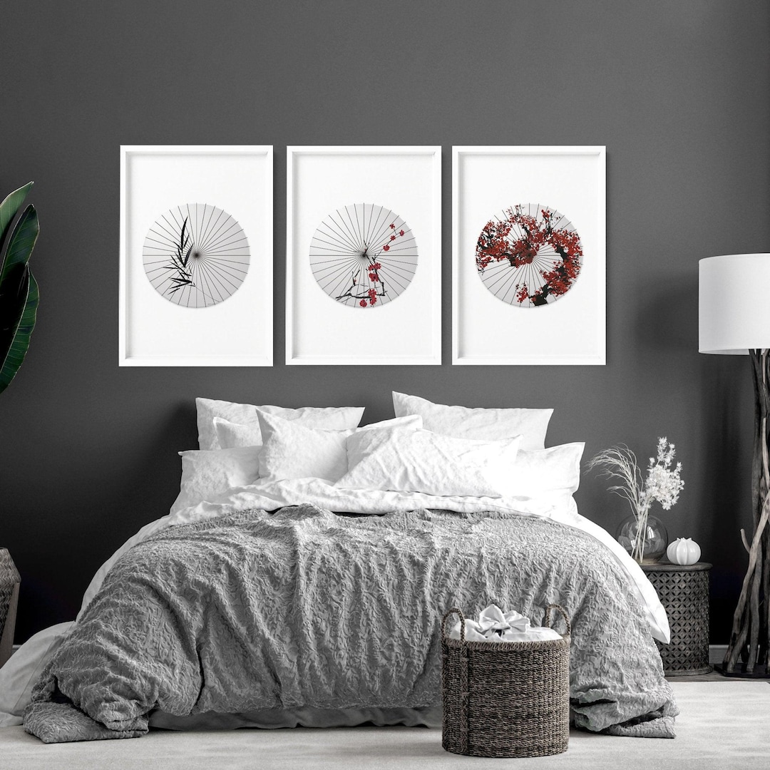 Japanese Wall Art Decor, Cherry Blossom Japandi Framed 3 Piece
