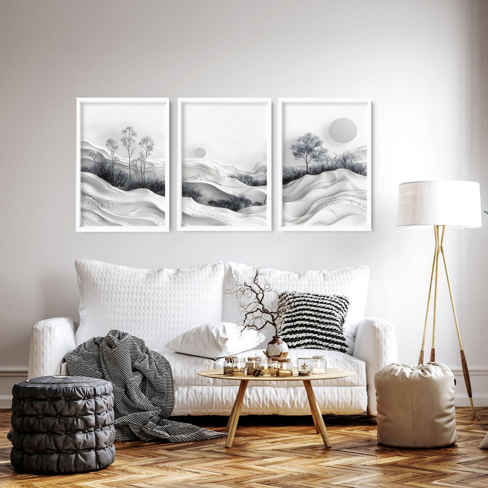 Japanese Wall Art Decor, Black and White Japandi Framed 3 Piece