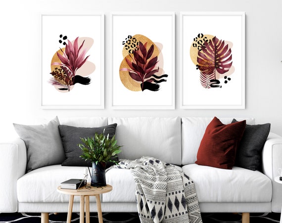 Trendy Luxury Botanical set of 3 framed wall art prints for an eclectic living room decor, Burgundy Maximalist large gallery wall art set