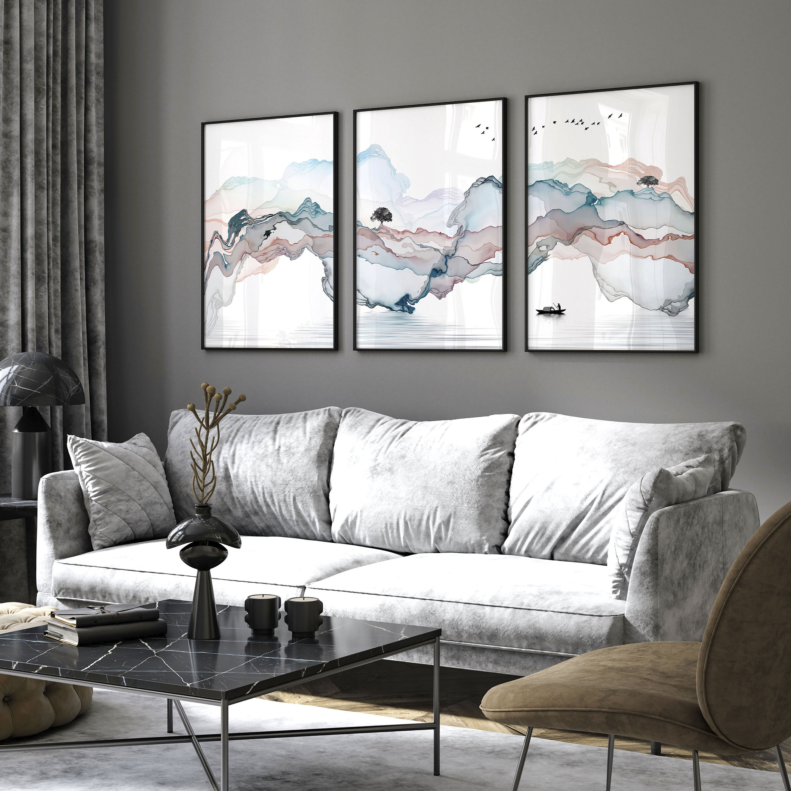 Zen Wall Art Framed 3 Piece Set, Extra Large Triptych Japanese