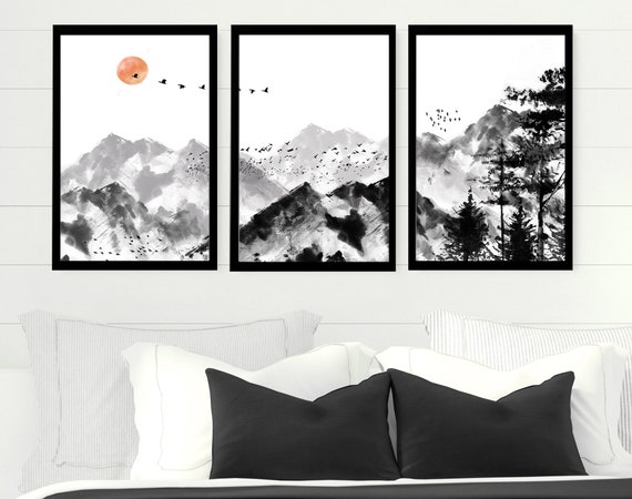 Watercolor Minimal Landscape Mountain Set of 3 Prints, Home Decor Wall Art, Above The Bed Wall Art, Wall Hangings Home Office Decor
