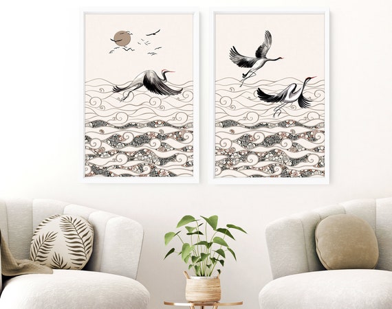 Trendy Japanese cranes set of 2 framed wall art prints for living room decor, Japandi extra large Designer gallery wall art hanging new home
