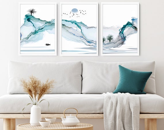 Japanese Painting poster prints set x 3, Teal calming office decor, Asian inspired wall decor, Landscape minimalist mountain scape prints