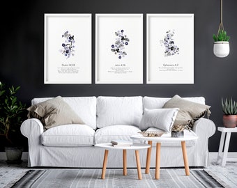 Modern Christian Bible Verse wall art Prints, Set of 3 Bible Sketches Framed art prints, Purple Botanical Christianity wall art decor