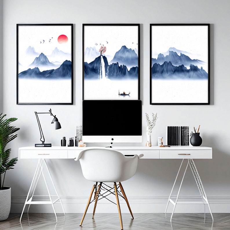 Calming Japanese Office desk Decor for men set of 3 framed panel wall art, Blue Large Japandi Designer Landscape gallery wall art set