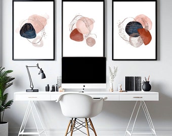 Masculine 3 piece wall art for a Maximalist Home office desk Decor, Large Trendy Mid Century gallery wall art set framed for mens bedroom