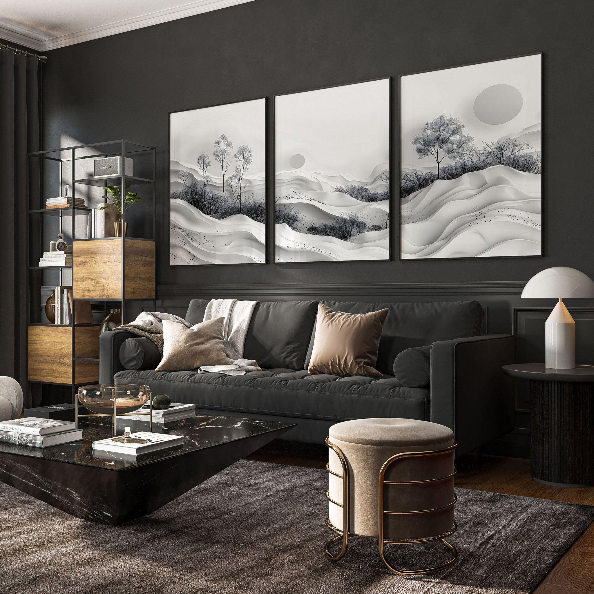 Japanese Wall Art Decor, Black and White Japandi Framed 3 Piece