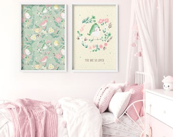 Woodland boho little birds pastel nursery set x 2 art prints for baby girl, baby shower gift for expecting mom, first time mom gift