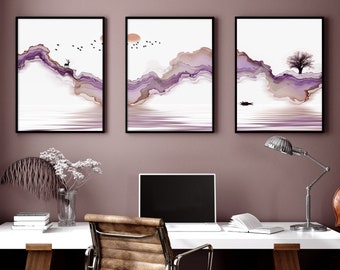 Trendy Japandi landscape sunset set of 3 framed wall art prints for a calming office desk Decor, Zen gallery wall art set for Home office