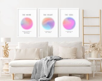 Aura poster framed wall art 3 piece set, Extra large Zen Triptych wall art, speech therapy decor, Daily affirmations living room wall art