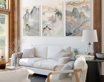Chinoiserie Framed Wall Art 3 Piece Set, Extra Large Vintage Asian