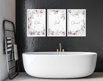 Bathroom wall art decor, framed wall art set of 3 pieces, Spa themed Bathroom Decor, Botanical Shabby Chic bathroom art prints, Relax sign
