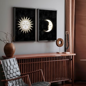 Sun and Moon Black and Gold framed 2 piece wall art prints living room wall decor, Extra large wall art, Celestial wall hanging Gallery set