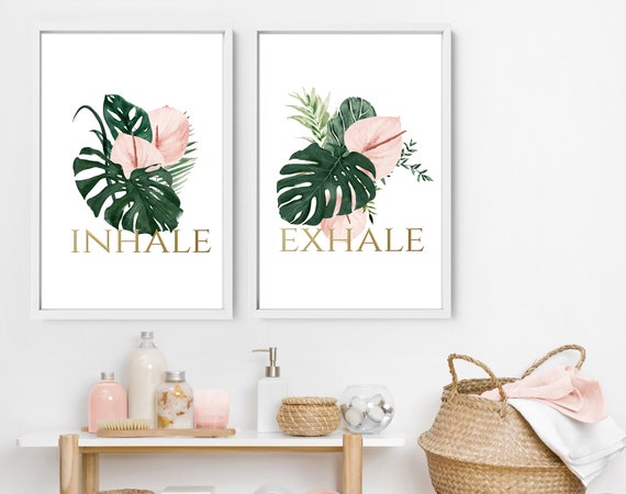 Spa and Bathroom Tropical Wall home Decor, Inhale and Exhale Bohemian Decor Guest Bathroom set of 2 framed wall art prints, Relaxing gift