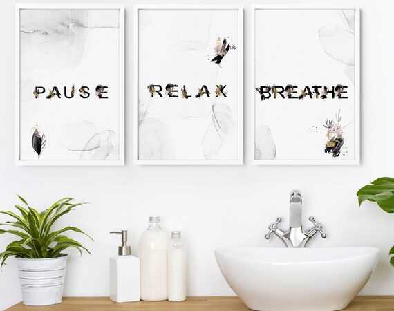 Trendy Relaxing framed set of 3 wall art prints for a Minimal home decor bathroom, Modern wall prints for Toilet and Spa wall Decor
