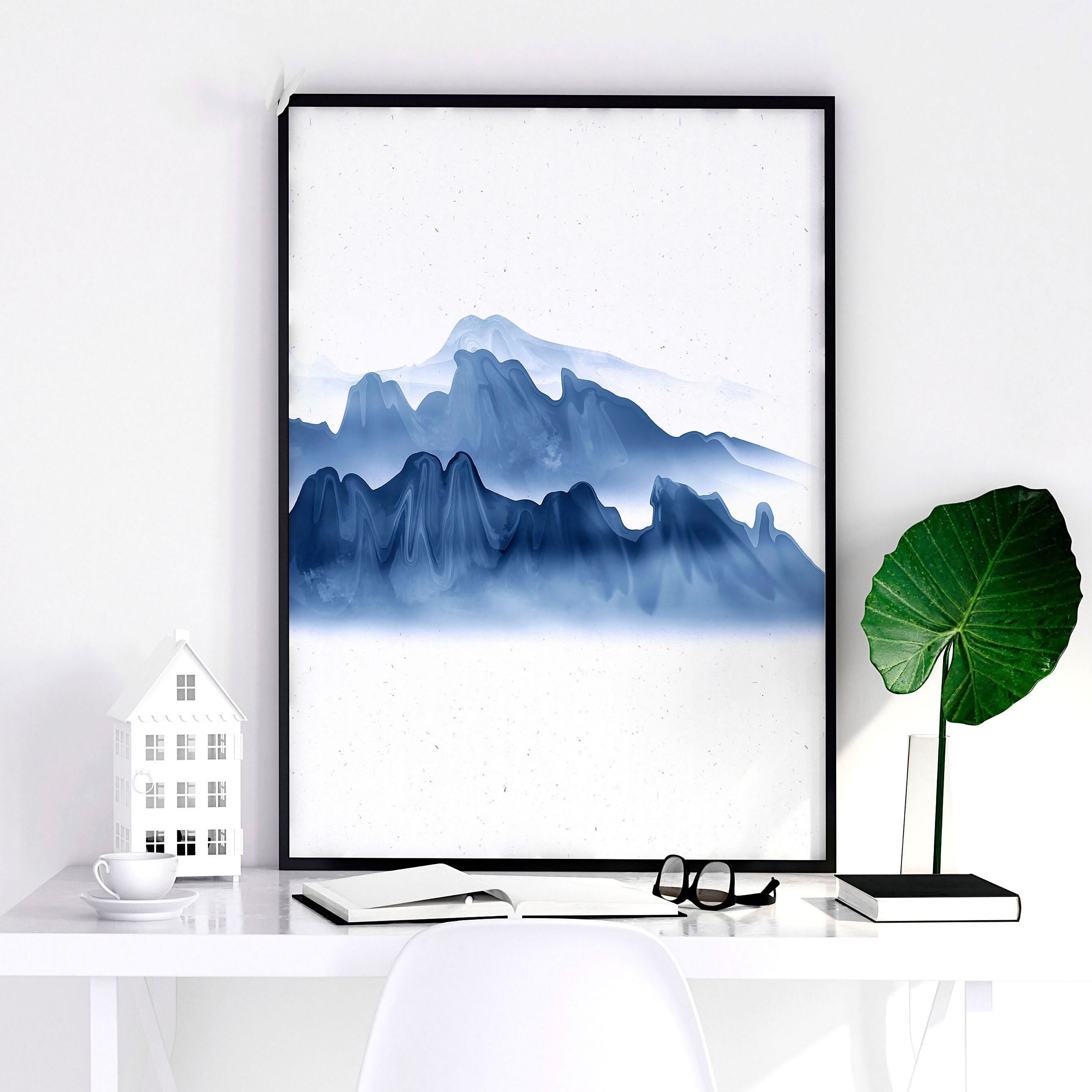 Japanese Blue Landscape Set of 3 Framed Panel Wall Art Prints for