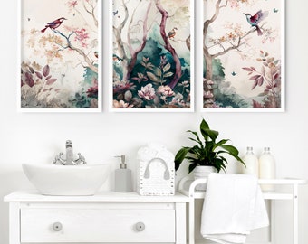 Chinoiserie Wall Art prints Framed Bathroom decor, Botanical Asian 3 piece wall art prints, Relaxing Vintage Floral Spa framed wall art