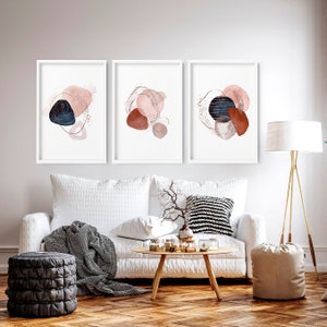 Extra large abstract wall art decor for living room set of 3, Maximalist home office decor for lawyer, Abstract shape painting art prints
