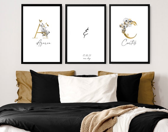 3 piece Wall art painting for master bedroom, Bedroom wall art over the bed, Couples personalised names sign, wedding anniversary gift