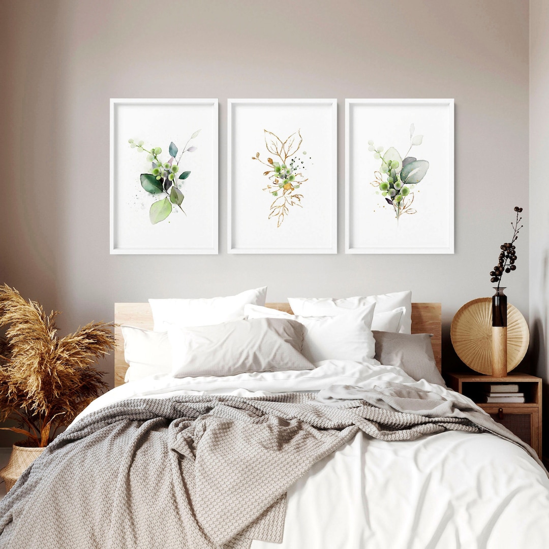 Above Bed Decor Botanical Watercolor Greenery Framed 3 Piece Wall Art ...
