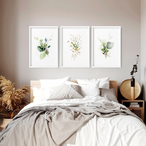 Above Bed Decor Botanical Watercolor Greenery framed 3 piece wall art print Set for bedroom, Farmhouse Designer Wall Art for Apartment Decor