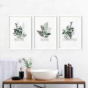 Botanical Tropical Spa & Bathroom set of 3 framed wall art prints Home Decor, Sage Green Decor Watercolour Greenery Relax soak unwind prints