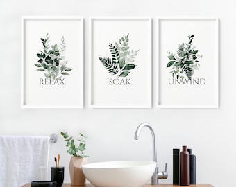 Juego de 3 impresiones artísticas enmarcadas para pared con diseño de spa y baño botánico tropical, decoración del hogar, acuarela verde salvia, impresiones para relajarse, sumergirse y relajarse