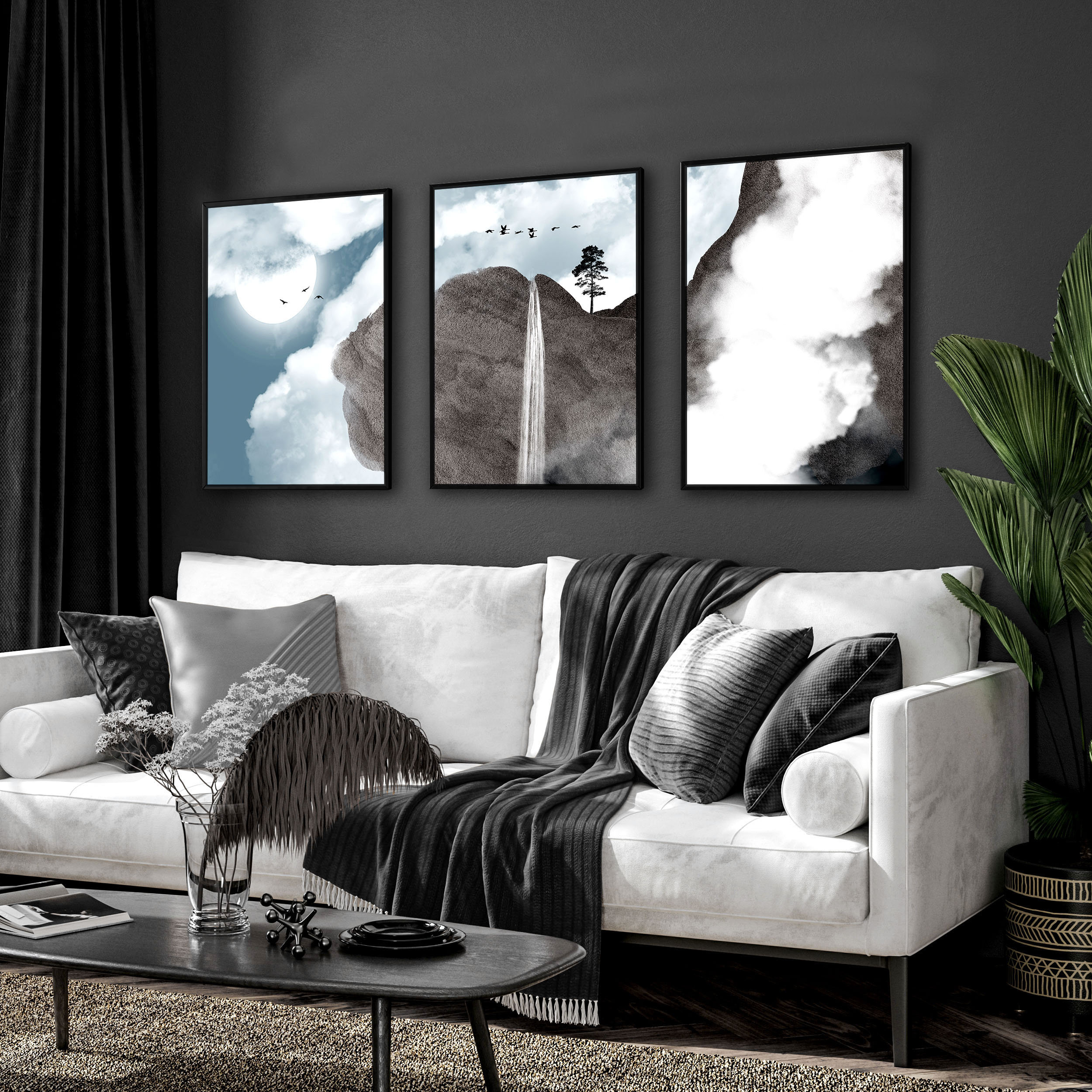Zen Wall Art Framed 3 Piece Set, Extra Large Triptych Japanese