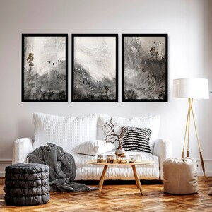 Zen wall art framed 3 piece set, Abstract Japanese Landscape mural calming wall decor living room, Extra large Triptych Japandi Mens art