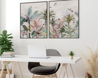 Chinoiserie Wall Art prints 2 pieces set for womens office desk decor, Mauve Vintage Asian Botanical art prints, Floral framed set of 2