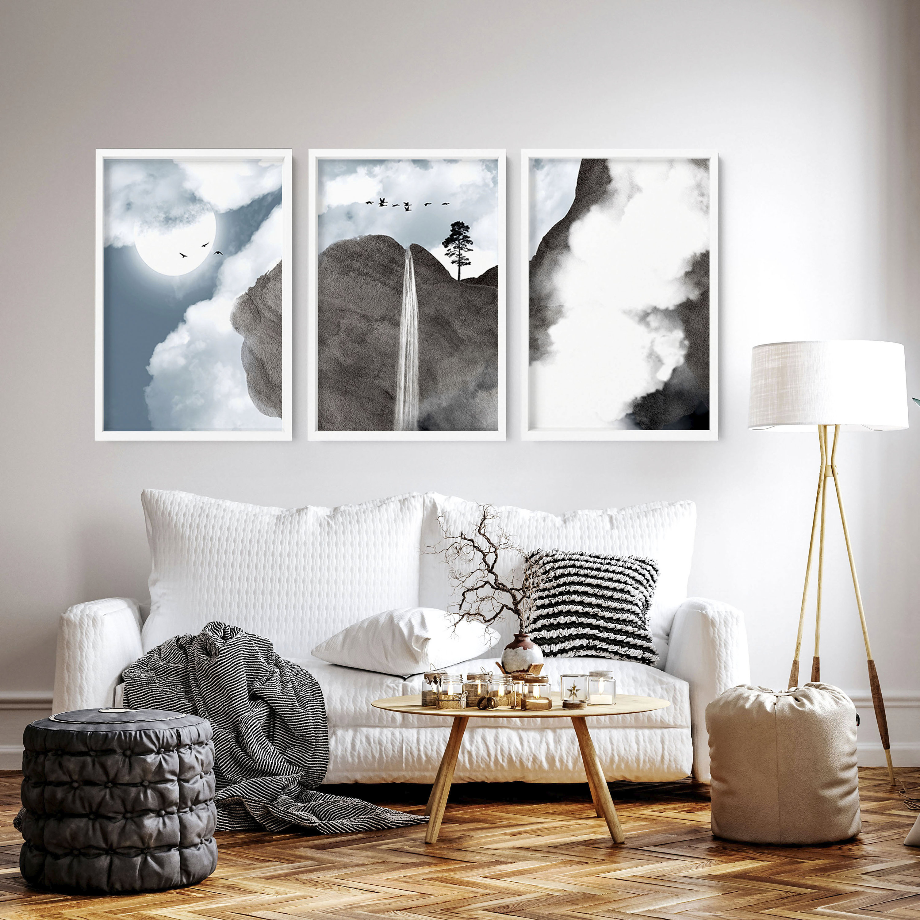 Allposters モノクロ 写真 額付き 73cm×73cm インテリア Zen Wall Art Framed 3 Piece Set, Extra Large Triptych Japanese