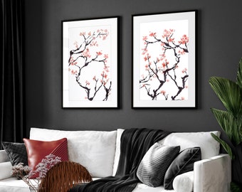 Trendy Cherry Blossom tree set of 2 framed wall art prints for living room decor, Japandi large gallery wall art hanging set for new home