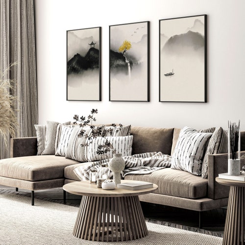 Japandi Wall Art Set of 3 Zen Wall Art Prints, Japanese Yellow