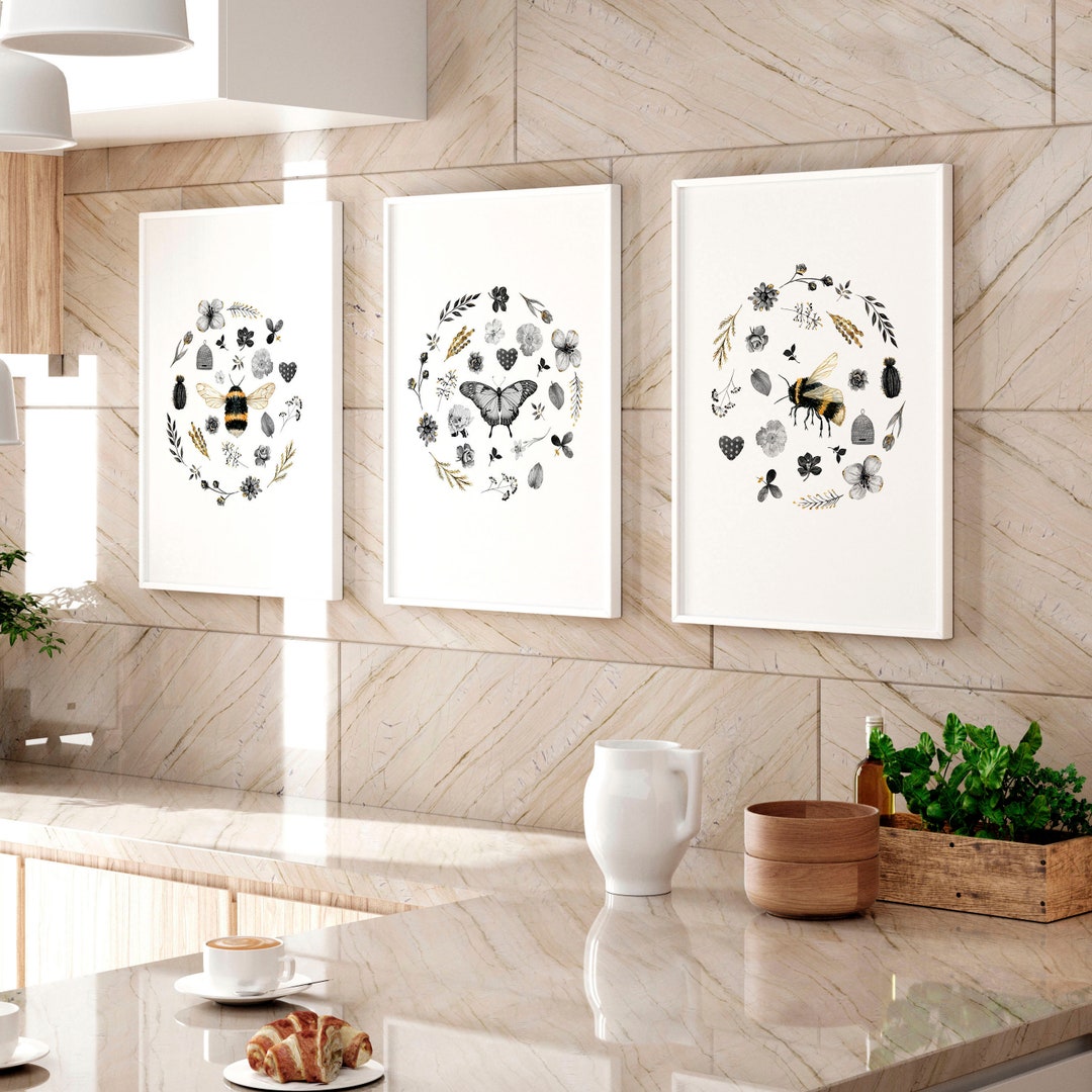 Cottage Core Wall Art Decor, Floral and Bees Home Decor Set of 3 Wall ...