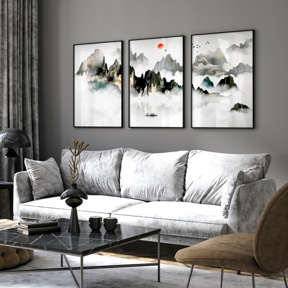 Japanese Zen Set of 3 Framed Panel Wall Art Prints for Living Room