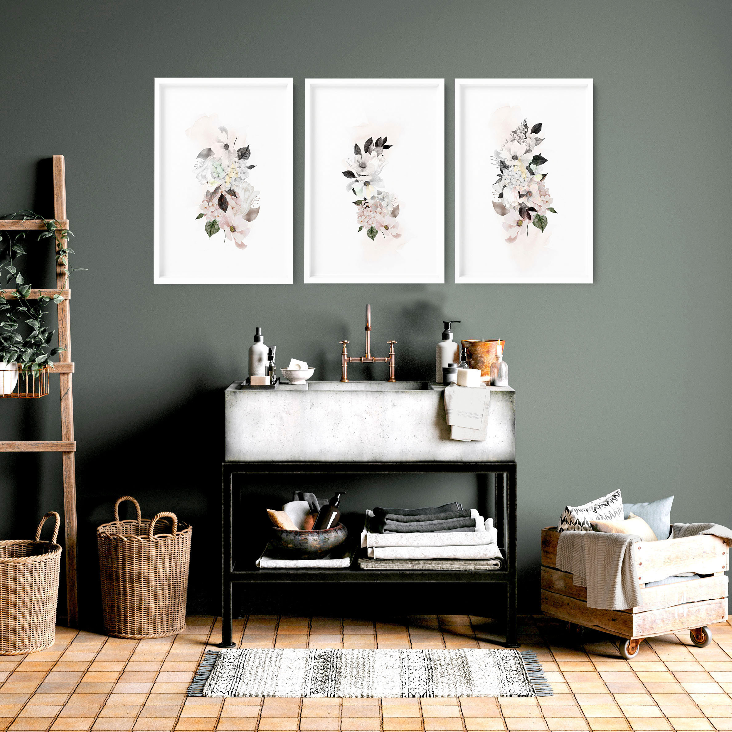 Bathroom Decor Wall Art Prints With Frames, Botanical Shabby Chic 3