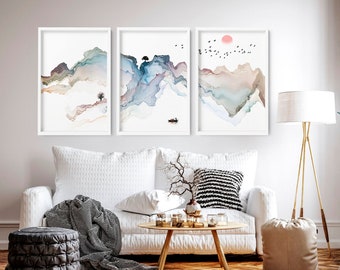 Calming Watercolor Painting Print | Set of 3 Minimalist Wall Prints | Zen Wall Art | Modern Artwork for Office Decor and Living Room