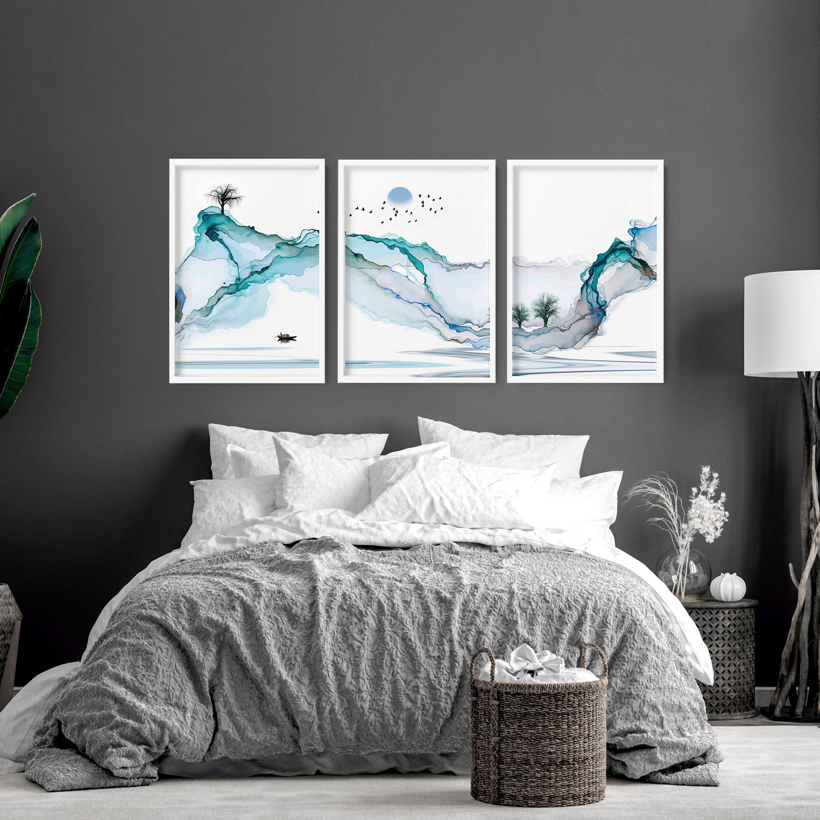 Japanese Painting Poster Prints Set X 3, Teal Calming Bedroom